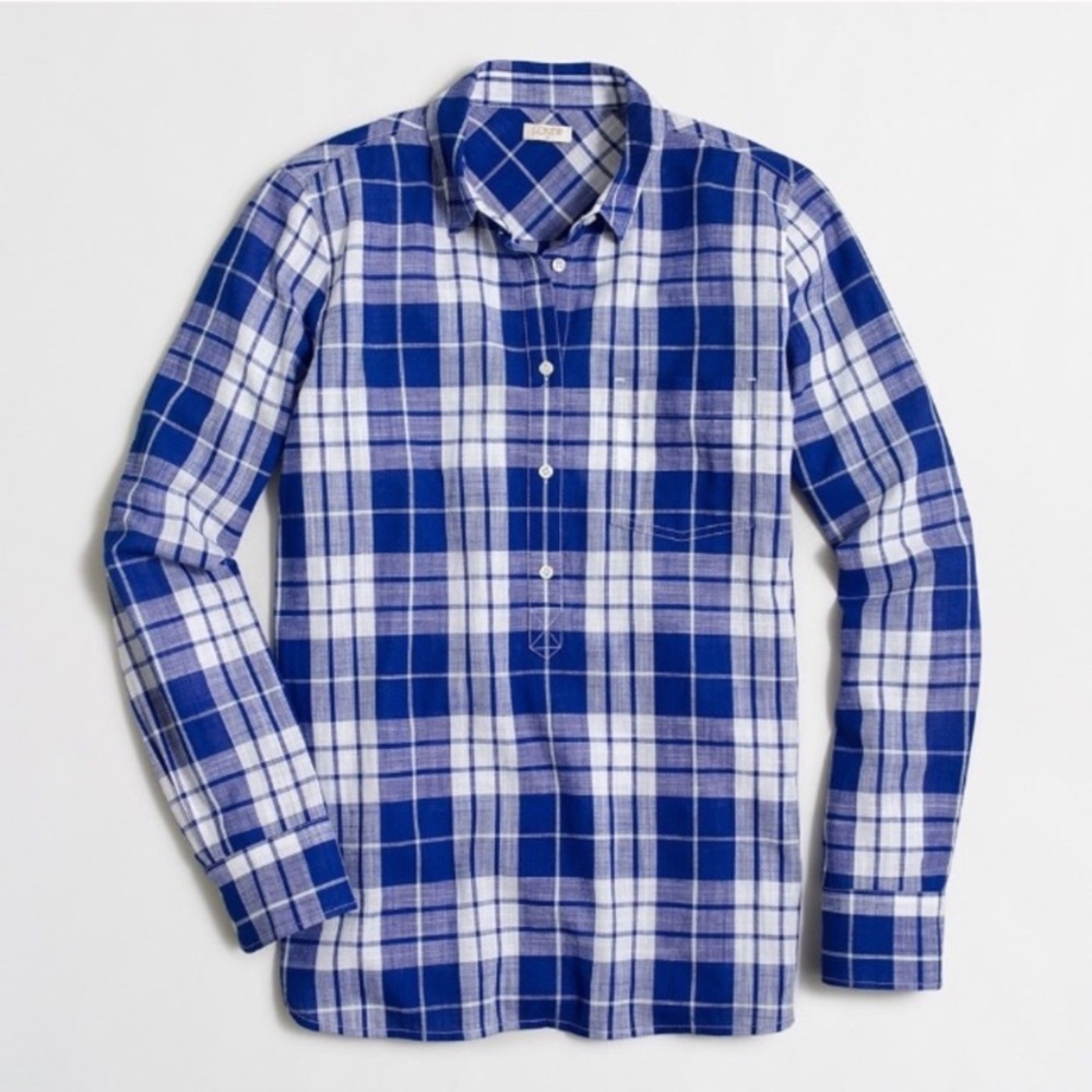 J Crew Gauze Popover Shirt Women’s XS Blue White Plaid Cotton Long Sleeve Top